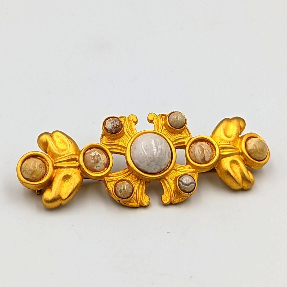 Vintage Ann Taylor Brushed Gold Tone Art Glass Cabochons Brooch